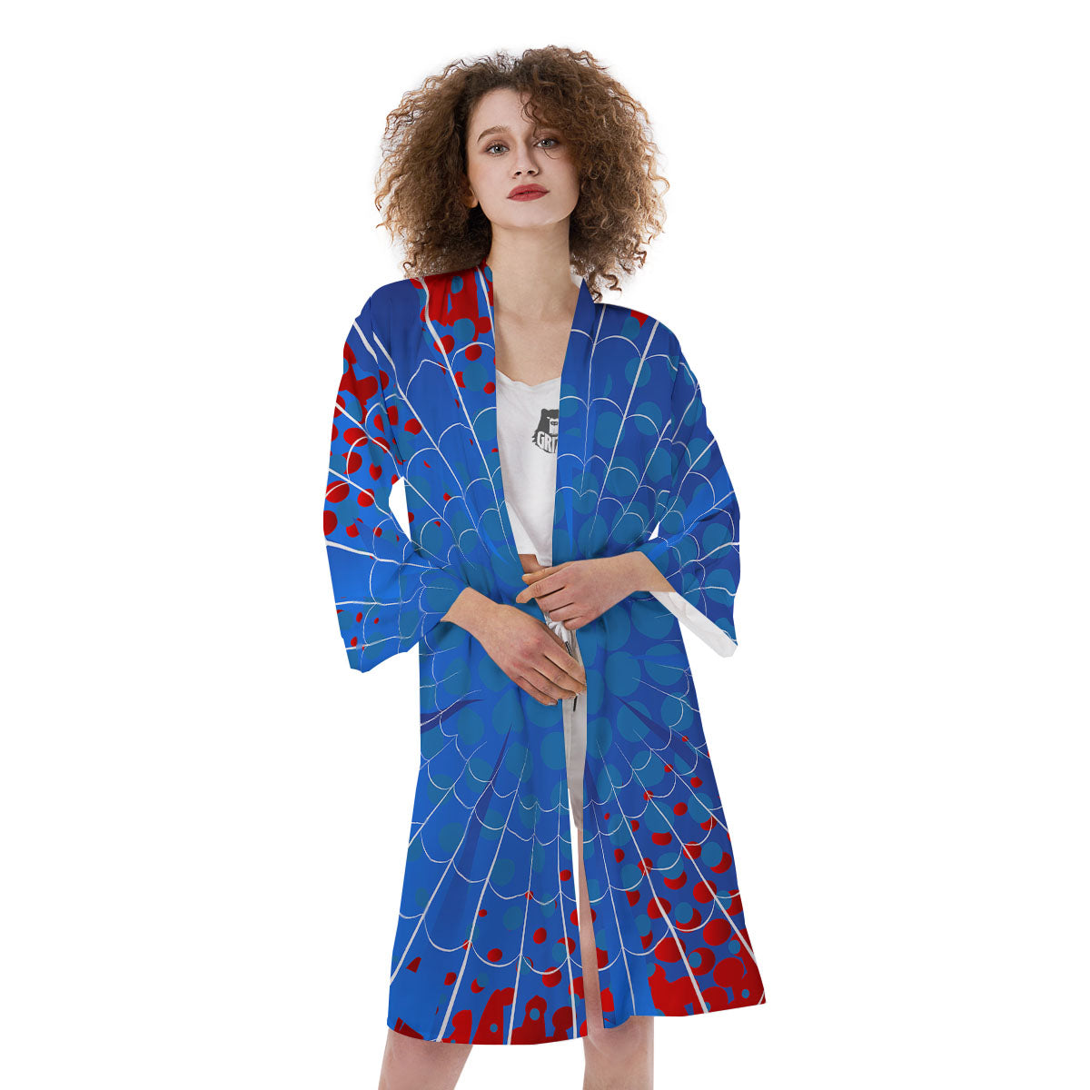 Red And Blue Spider Web Cartoon Print Kimono-grizzshop