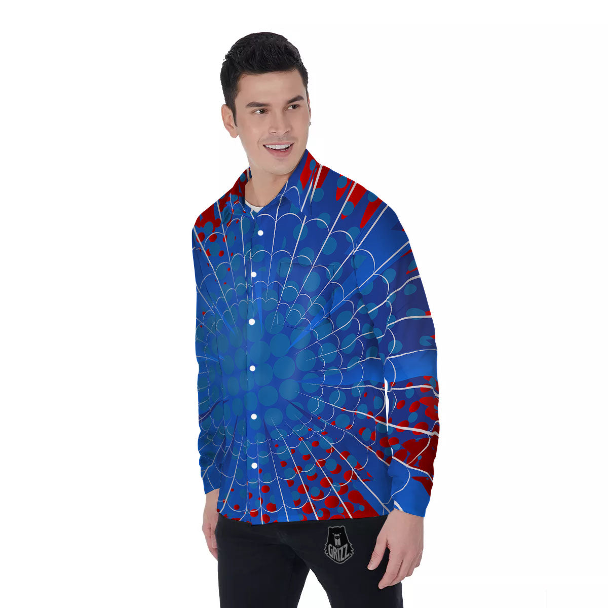 Red And Blue Spider Web Cartoon Print Men's Long Sleeve Shirts-grizzshop