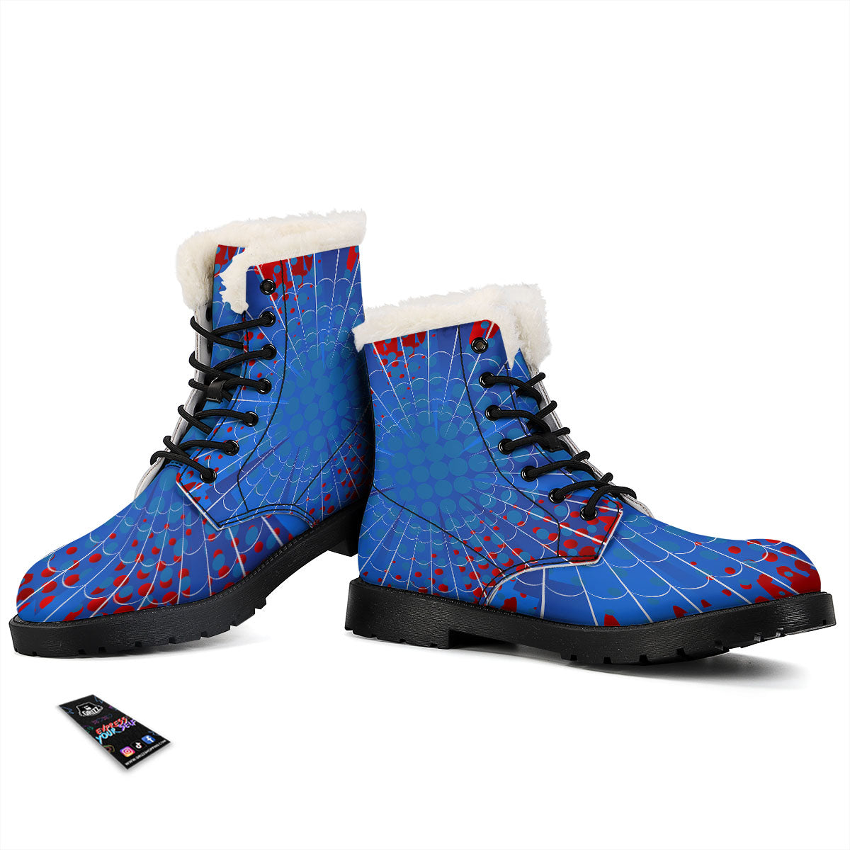 Red And Blue Spider Web Cartoon Print Winter Boots-grizzshop