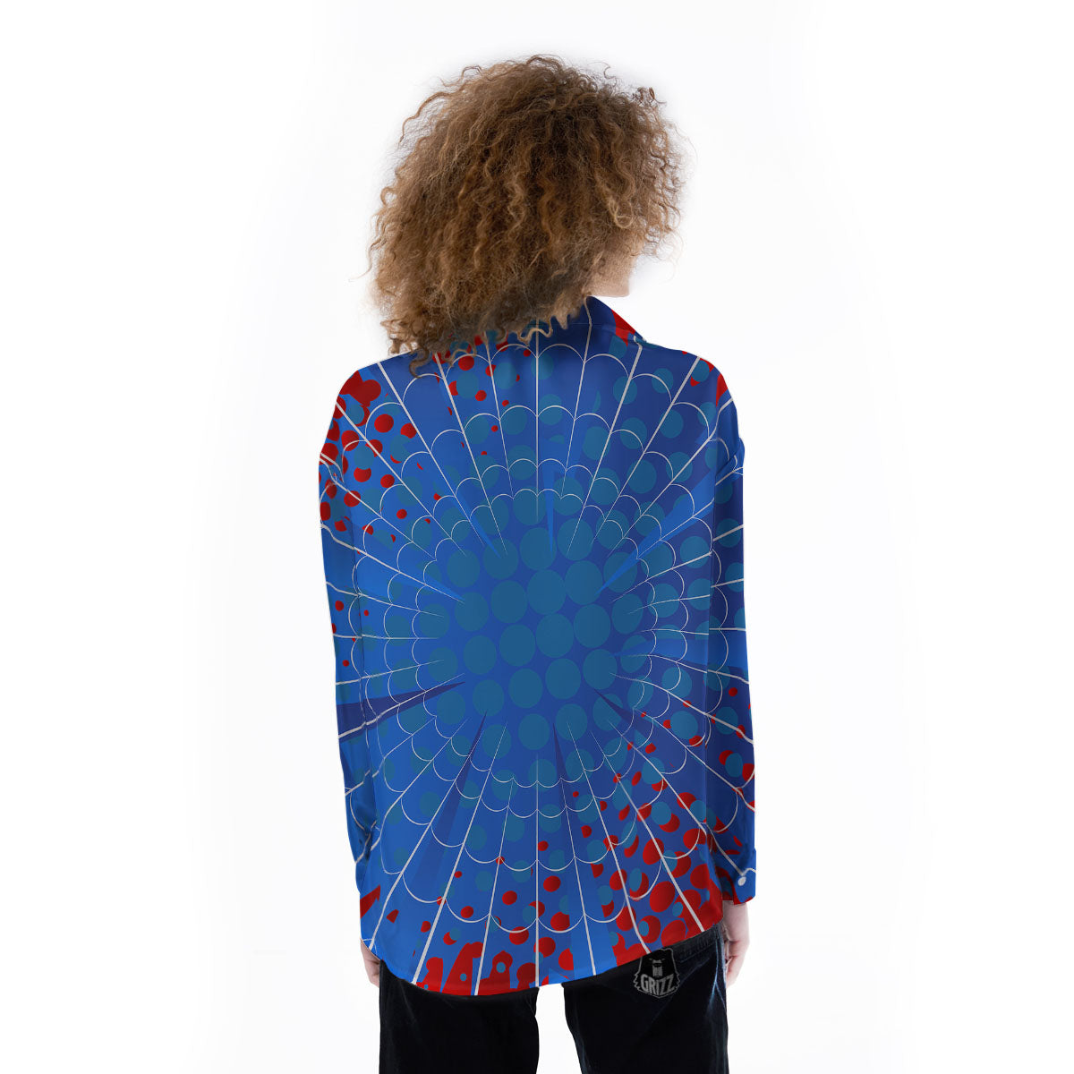 Red And Blue Spider Web Cartoon Print Women's Long Sleeve Shirts-grizzshop