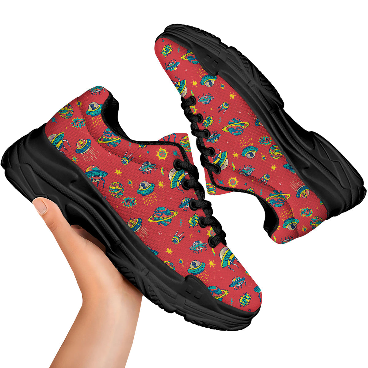 Red And Colorful UFO Print Pattern Black Chunky Shoes-grizzshop