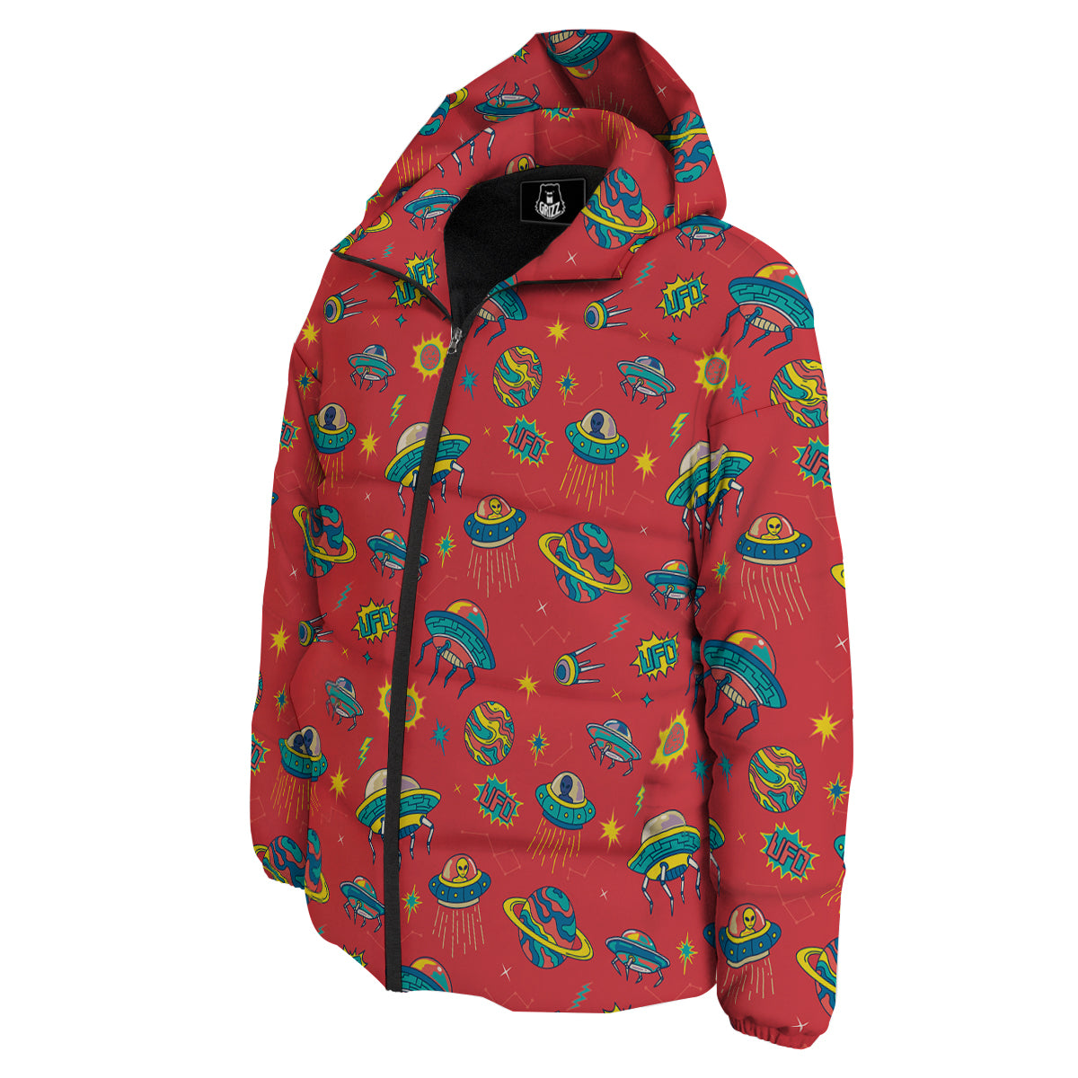 Red And Colorful UFO Print Pattern Down Jacket-grizzshop