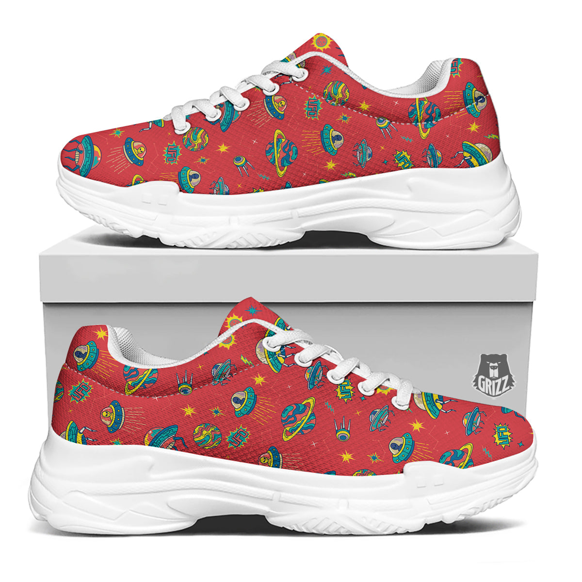 Red And Colorful UFO Print Pattern White Chunky Shoes-grizzshop