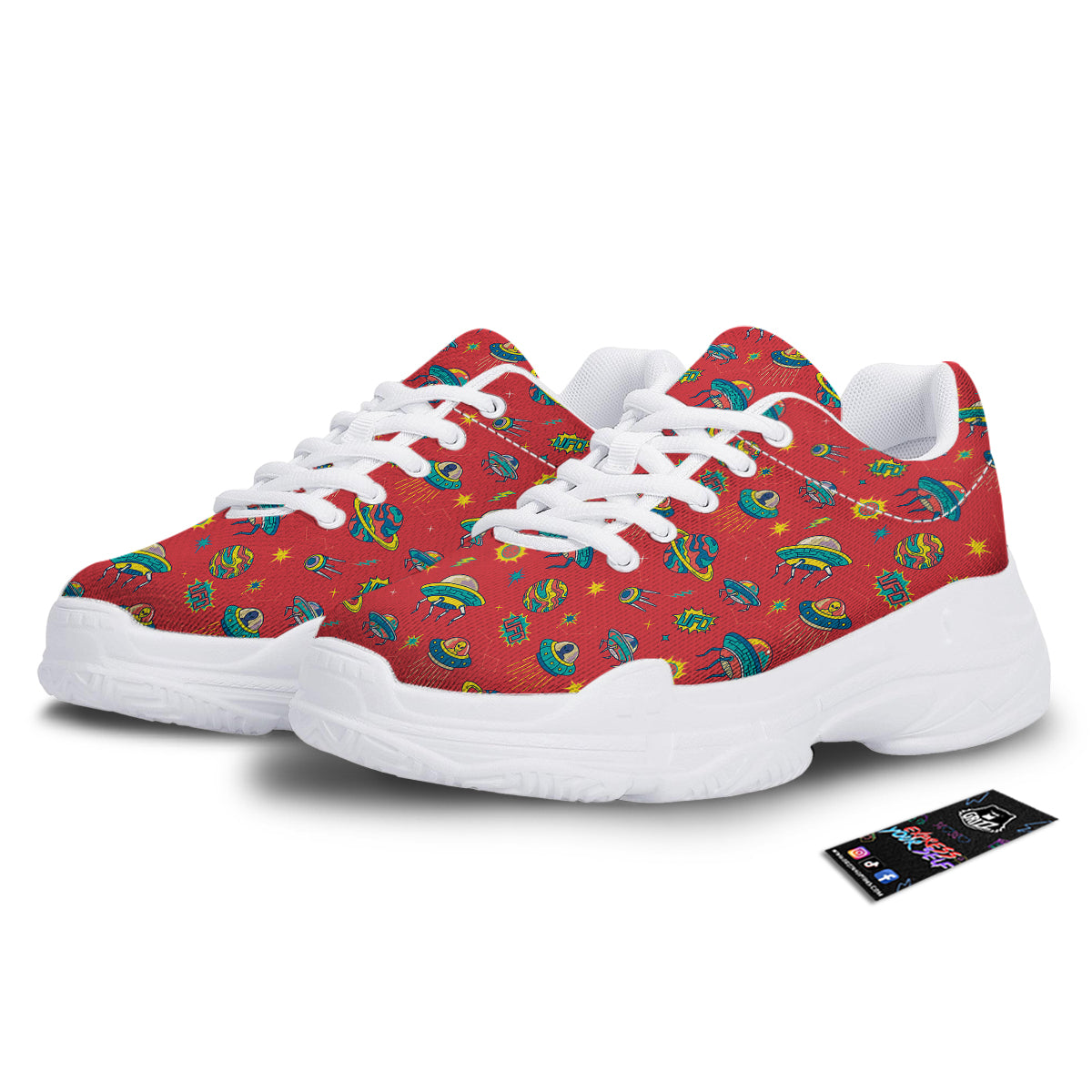 Red And Colorful UFO Print Pattern White Chunky Shoes-grizzshop