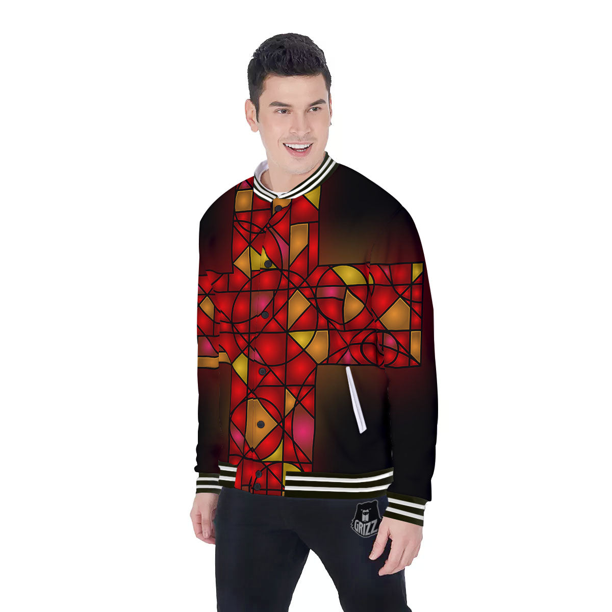 Red And Orange Cross Stained Glass Print Baseball Jacket-grizzshop