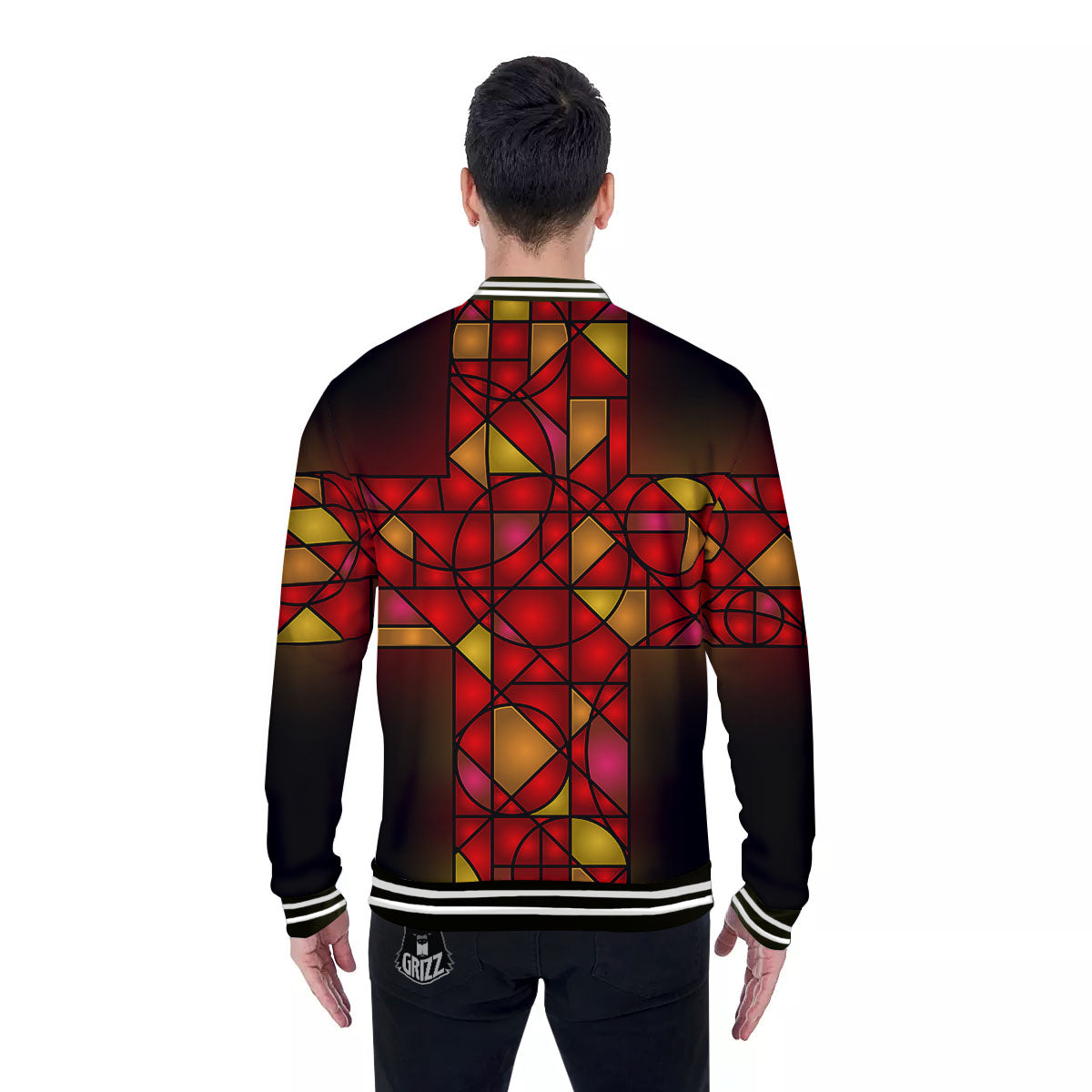 Red And Orange Cross Stained Glass Print Baseball Jacket-grizzshop