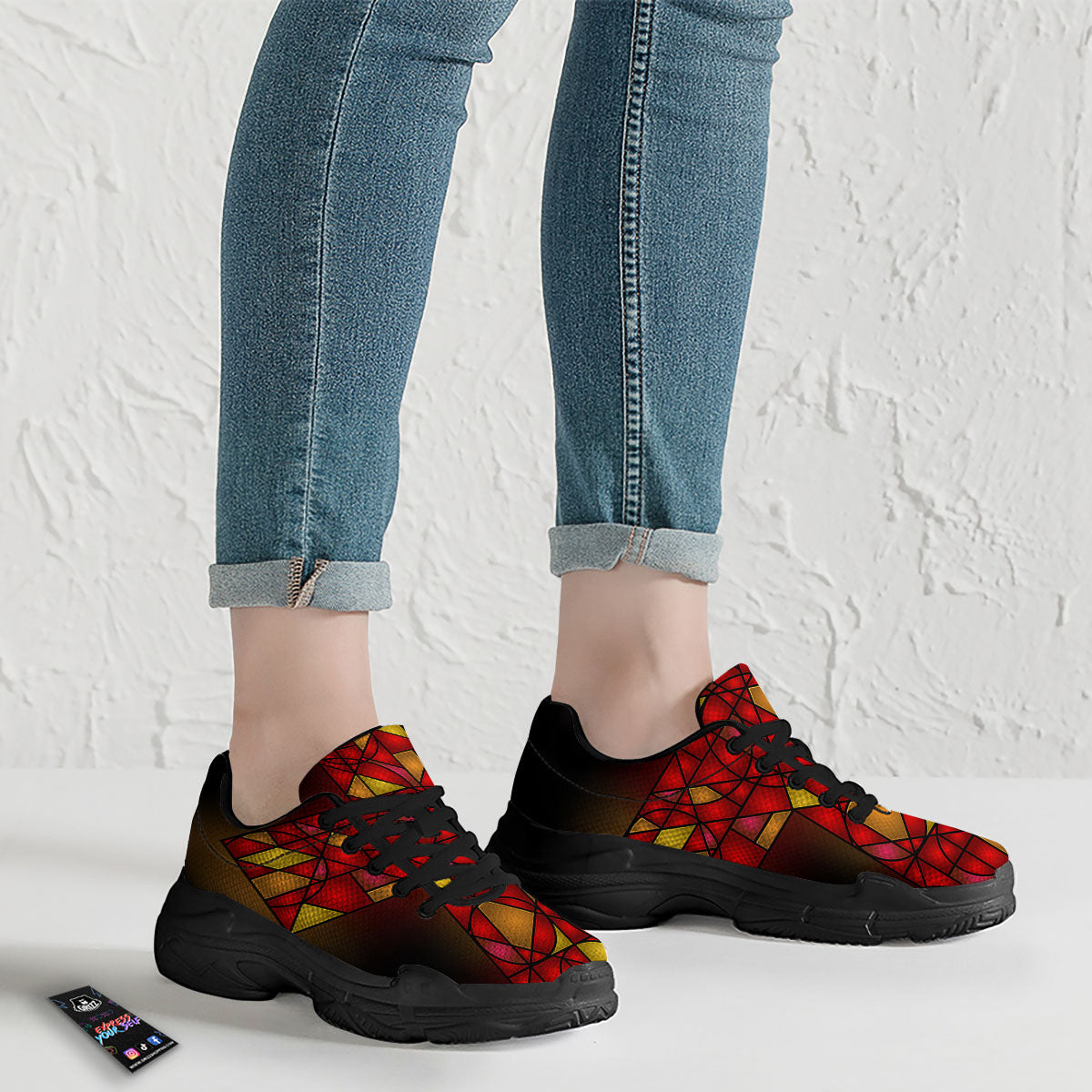 Red And Orange Cross Stained Glass Print Black Chunky Shoes-grizzshop