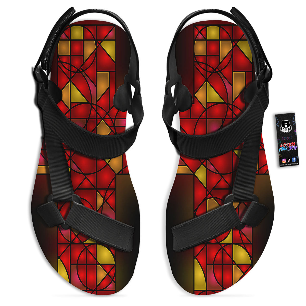 Red And Orange Cross Stained Glass Print Black Open Toe Sandals-grizzshop