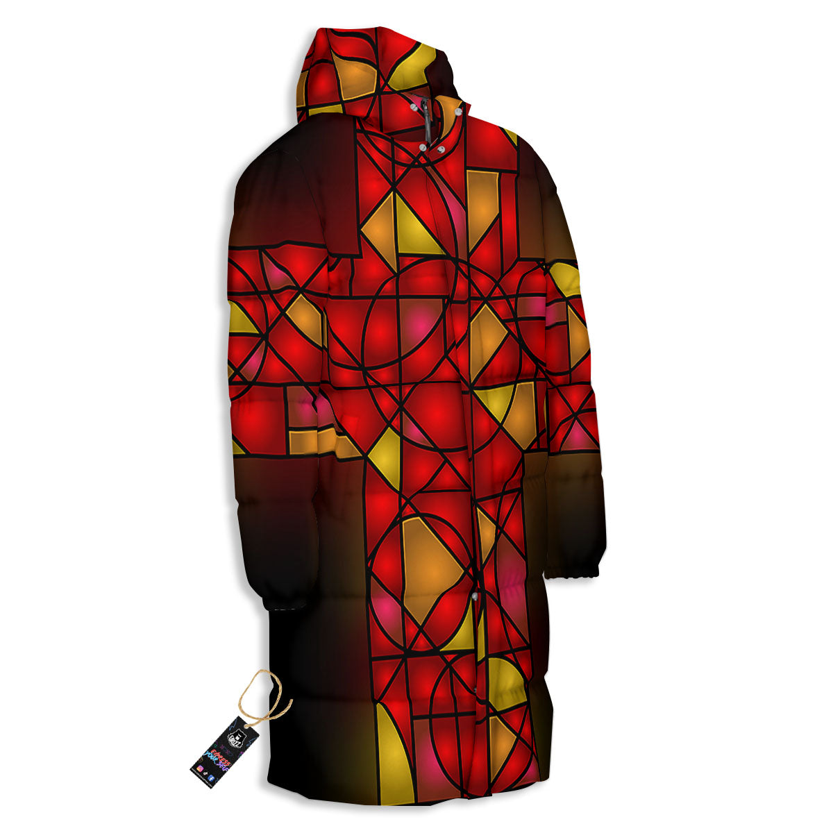 Red And Orange Cross Stained Glass Print Long Down Jacket-grizzshop