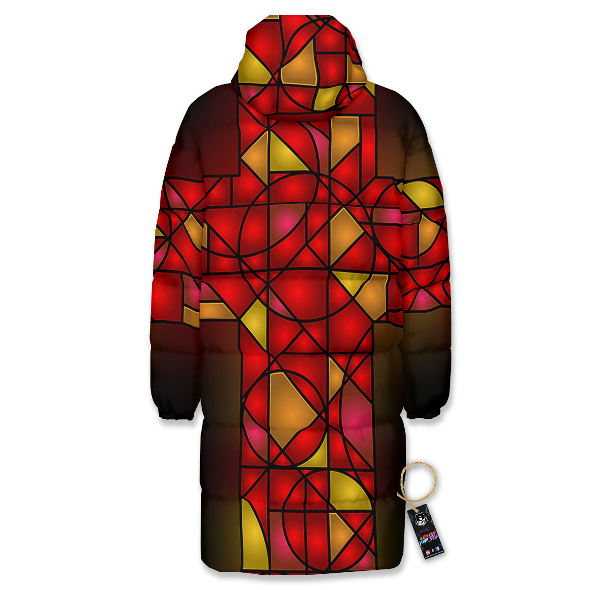 Red And Orange Cross Stained Glass Print Long Down Jacket-grizzshop