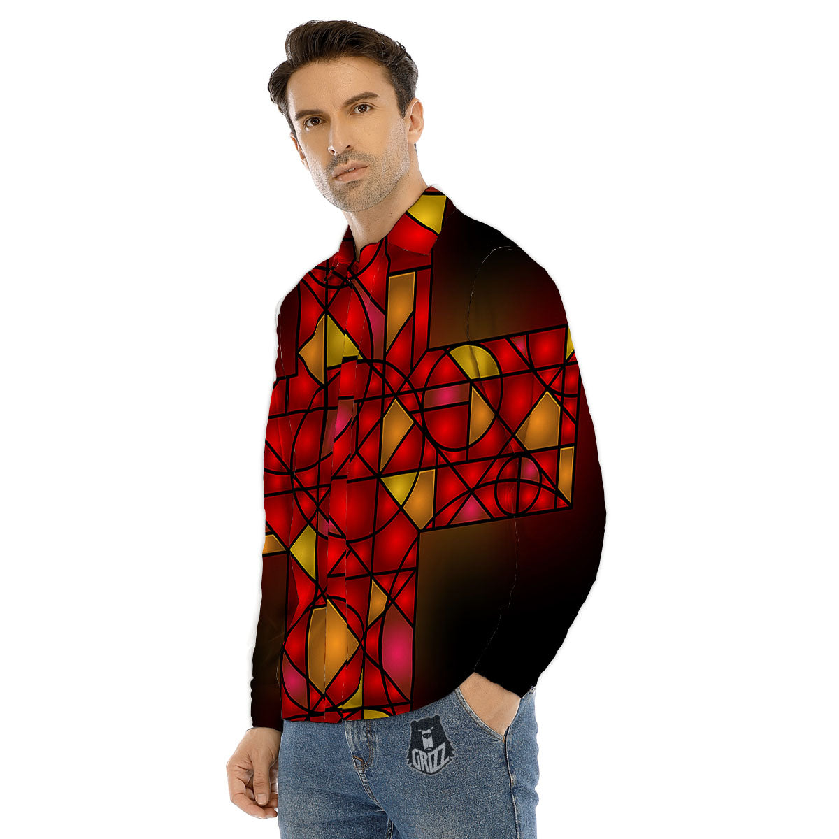 Red And Orange Cross Stained Glass Print Men's Dress Shirts-grizzshop