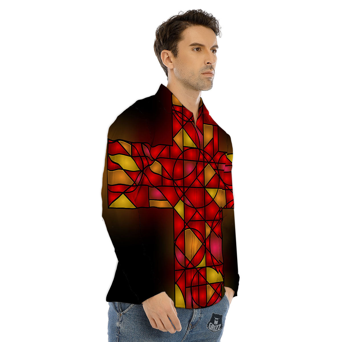 Red And Orange Cross Stained Glass Print Men's Dress Shirts-grizzshop