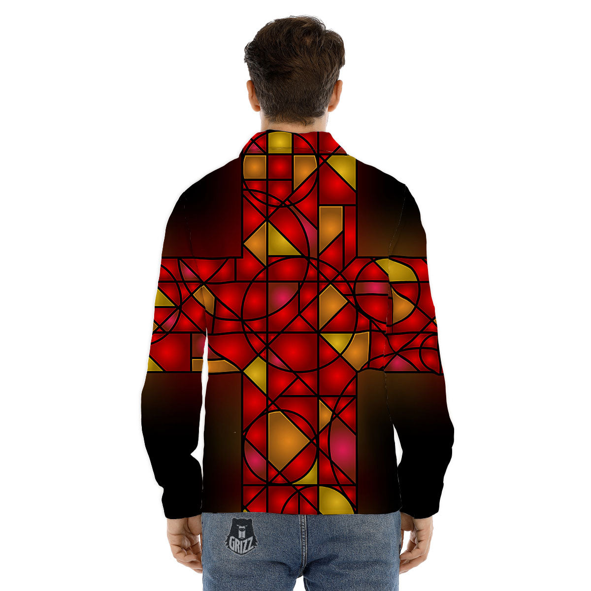 Red And Orange Cross Stained Glass Print Men's Dress Shirts-grizzshop