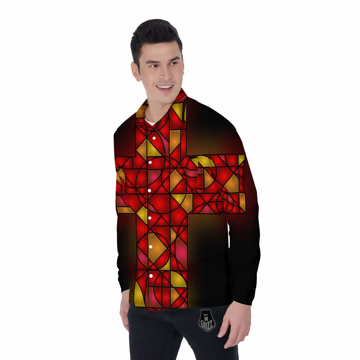Red And Orange Cross Stained Glass Print Men's Long Sleeve Shirts-grizzshop