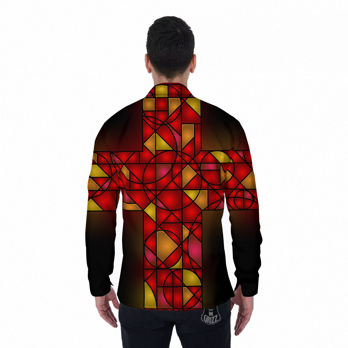 Red And Orange Cross Stained Glass Print Men's Long Sleeve Shirts-grizzshop