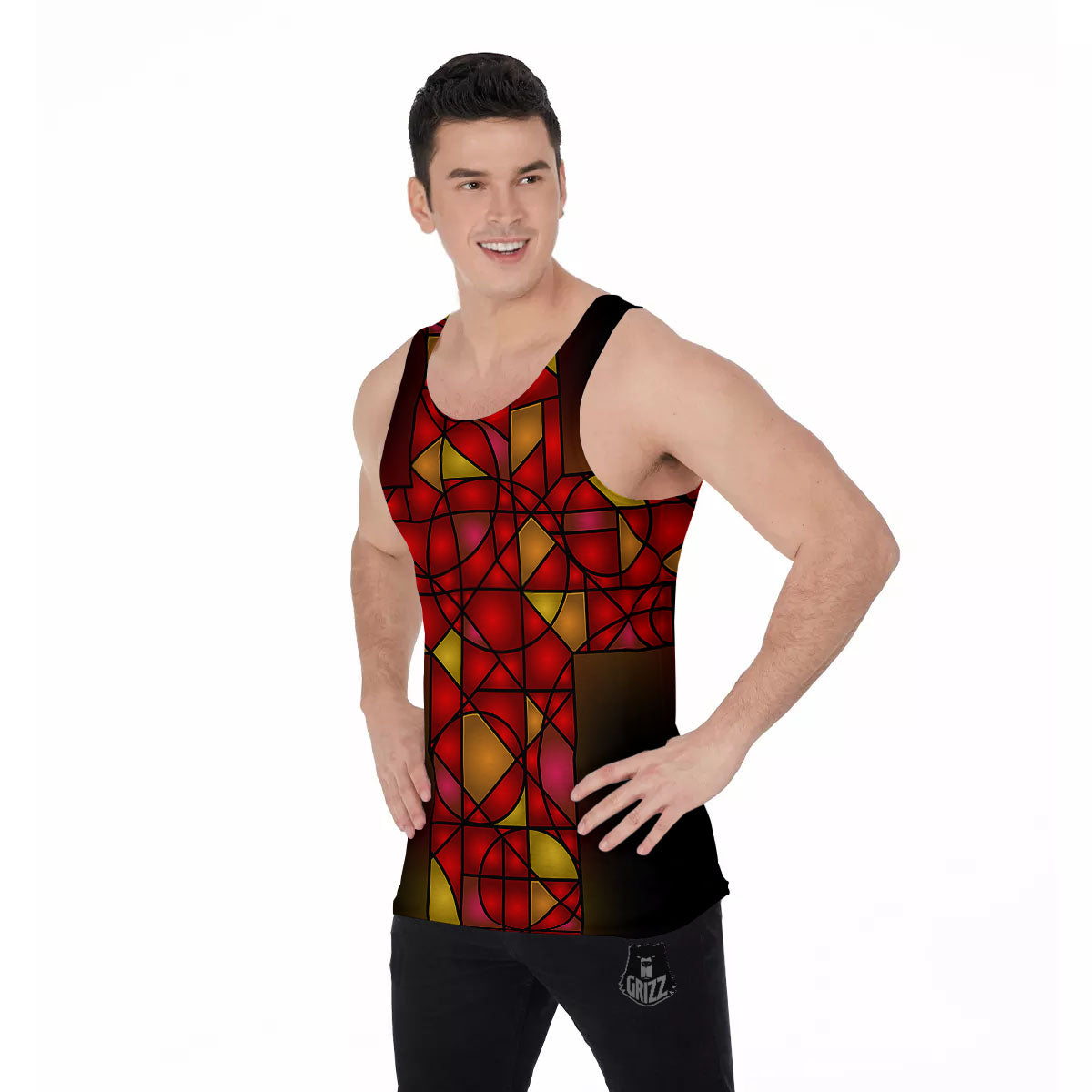 Red And Orange Cross Stained Glass Print Men's Tank Top-grizzshop