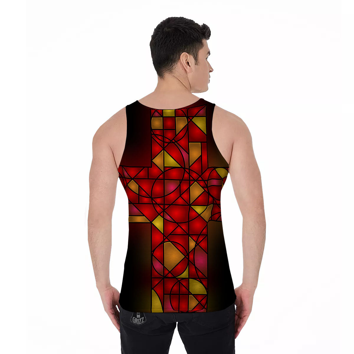 Red And Orange Cross Stained Glass Print Men's Tank Top-grizzshop