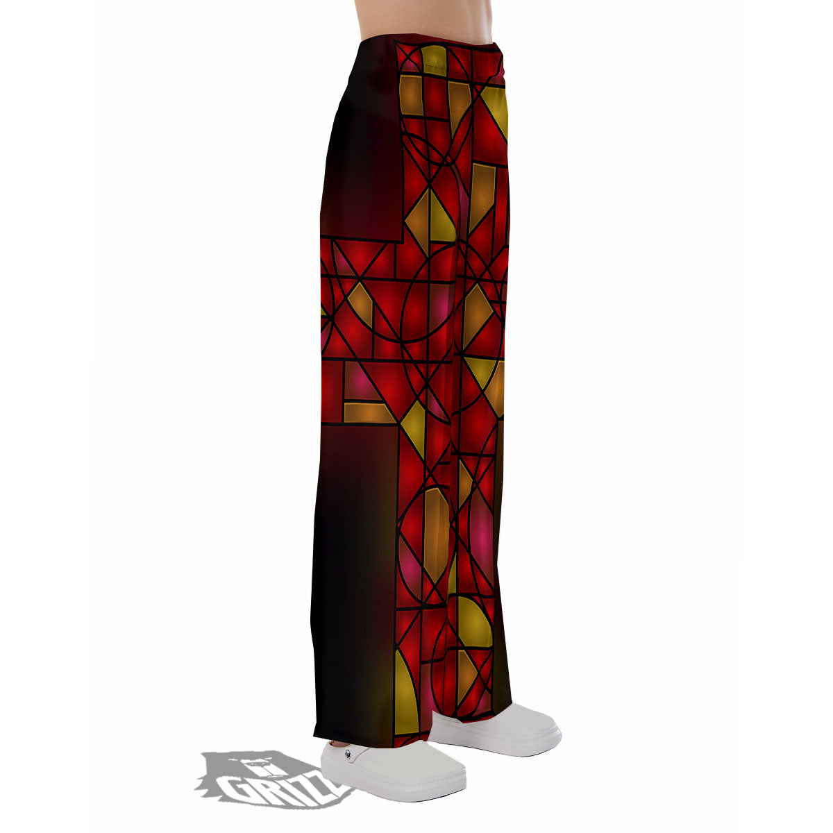 Red And Orange Cross Stained Glass Print Pajama Pants-grizzshop