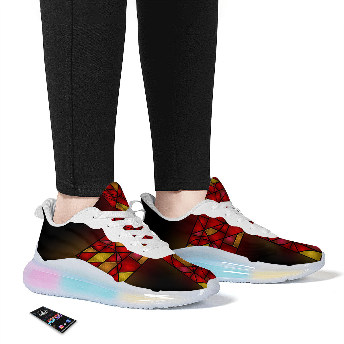 Red And Orange Cross Stained Glass Print Running Sneakers-grizzshop
