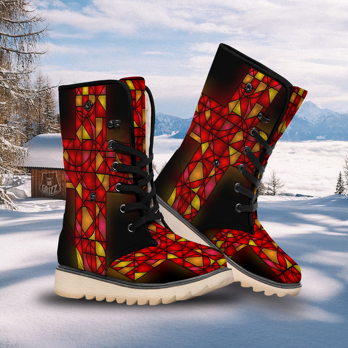 Red And Orange Cross Stained Glass Print Snow Boots-grizzshop