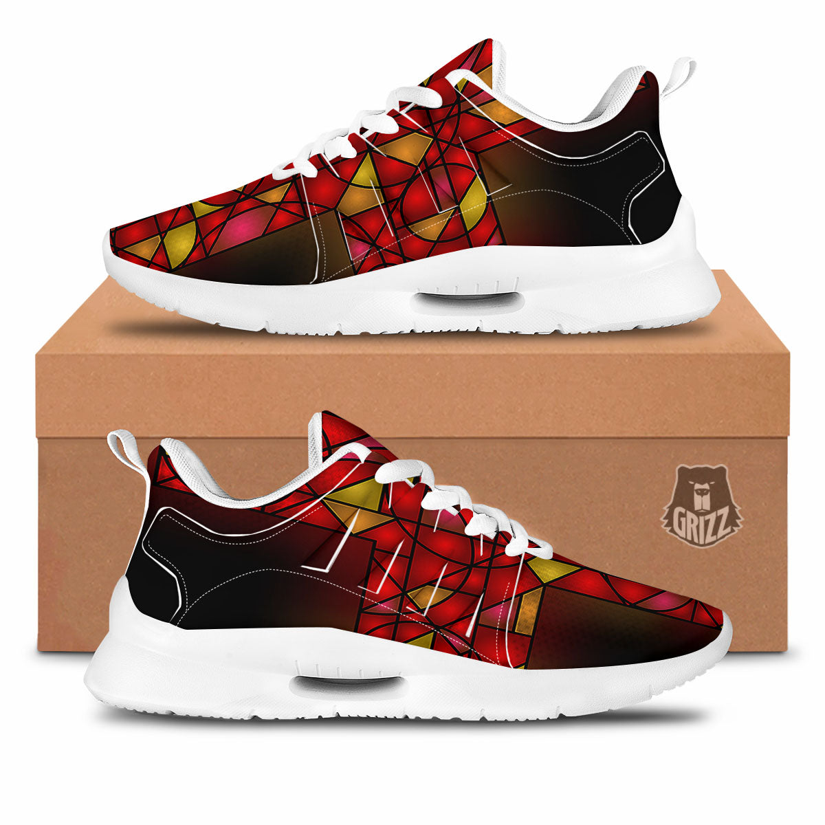 Red And Orange Cross Stained Glass Print Tennis Shoes-grizzshop