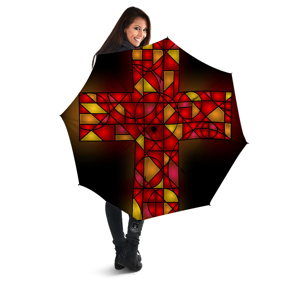 Red And Orange Cross Stained Glass Print Umbrella-grizzshop