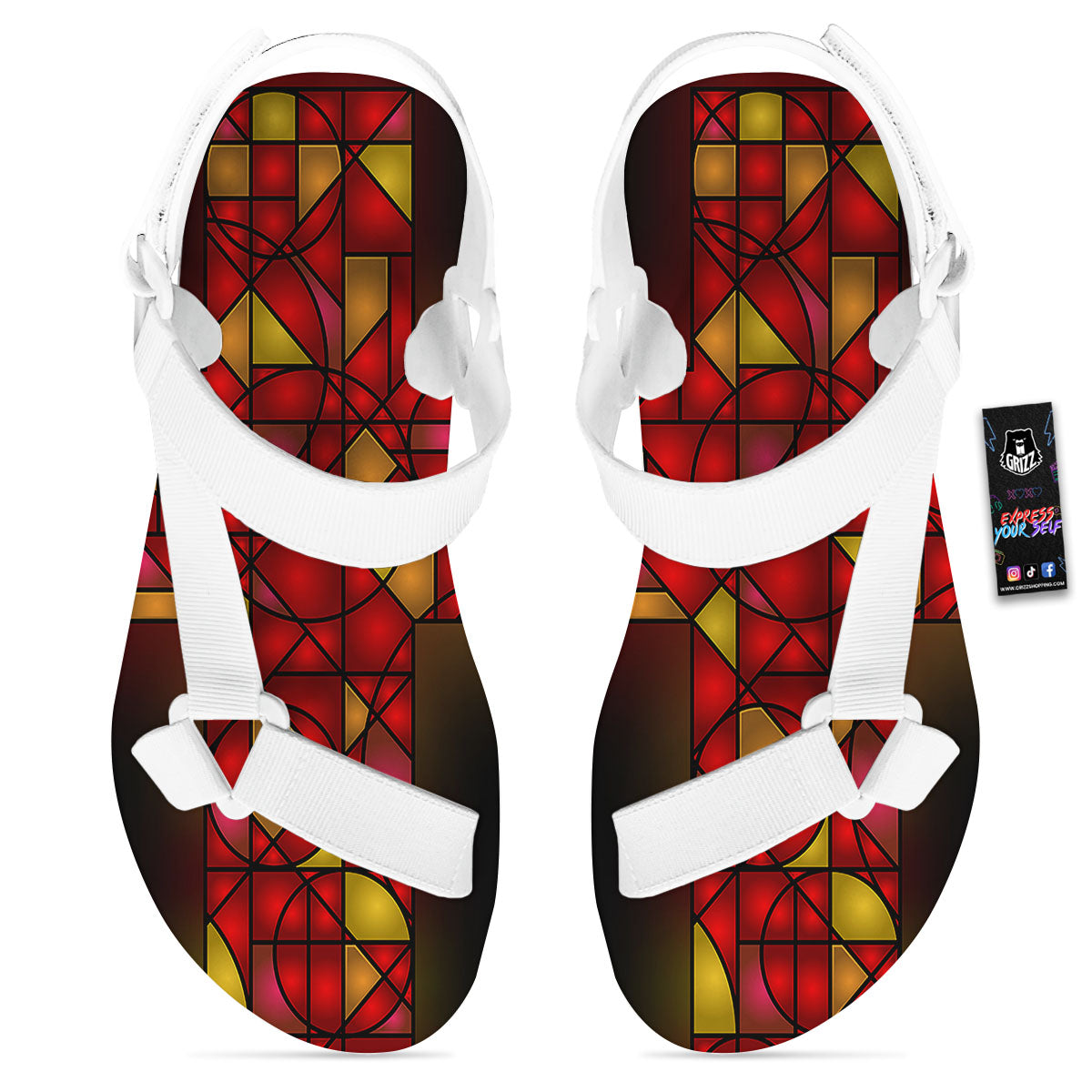 Red And Orange Cross Stained Glass Print White Open Toe Sandals-grizzshop