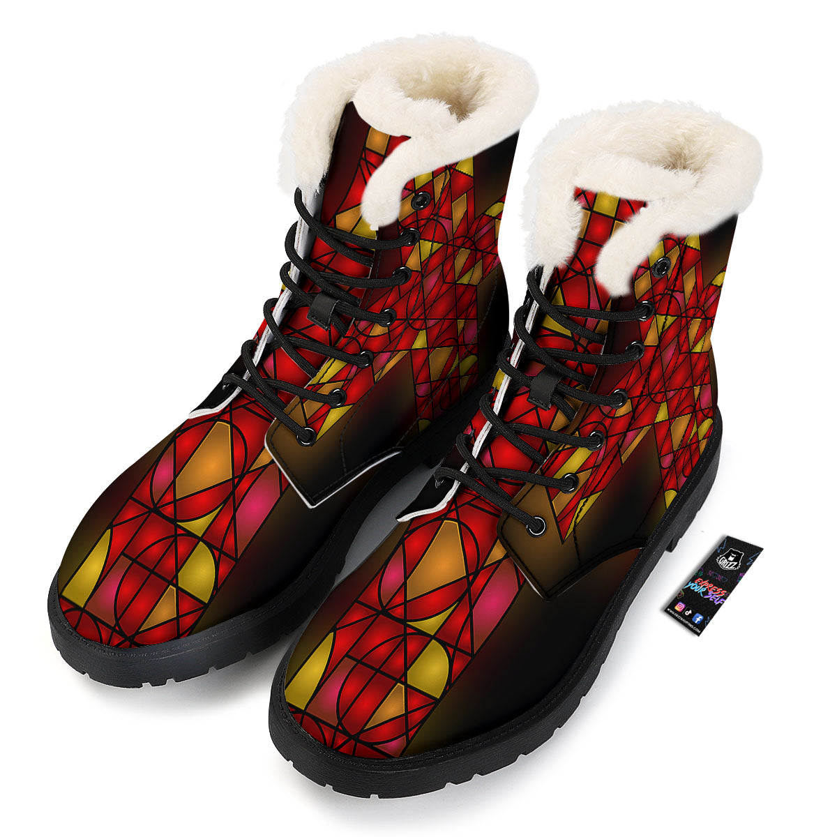 Red And Orange Cross Stained Glass Print Winter Boots-grizzshop