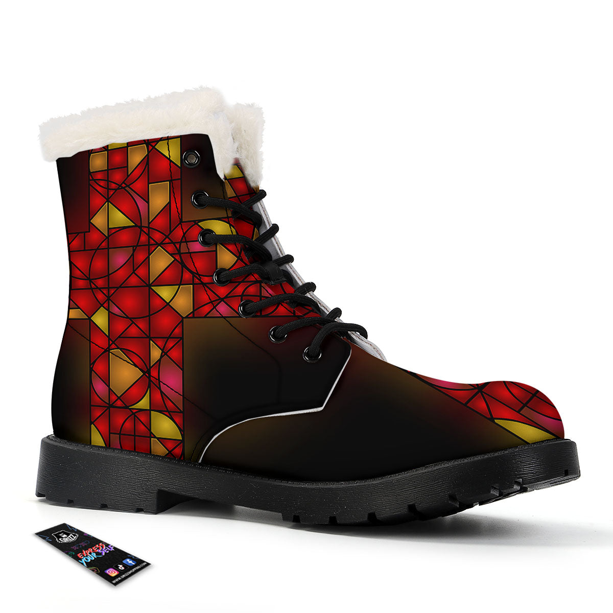 Red And Orange Cross Stained Glass Print Winter Boots-grizzshop