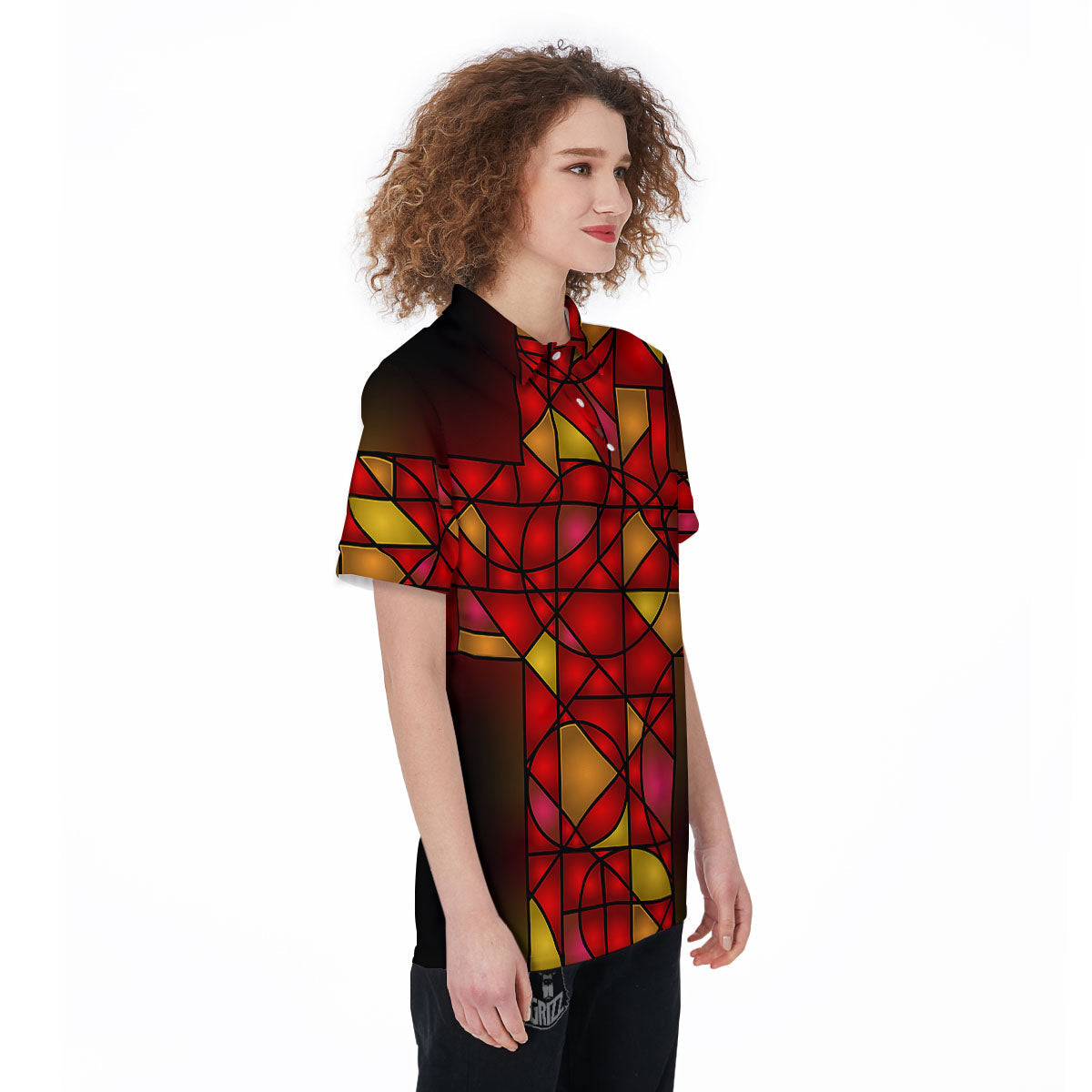 Red And Orange Cross Stained Glass Print Women's Golf Shirts-grizzshop