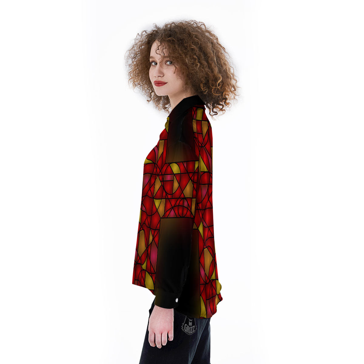 Red And Orange Cross Stained Glass Print Women's Long Sleeve Shirts-grizzshop