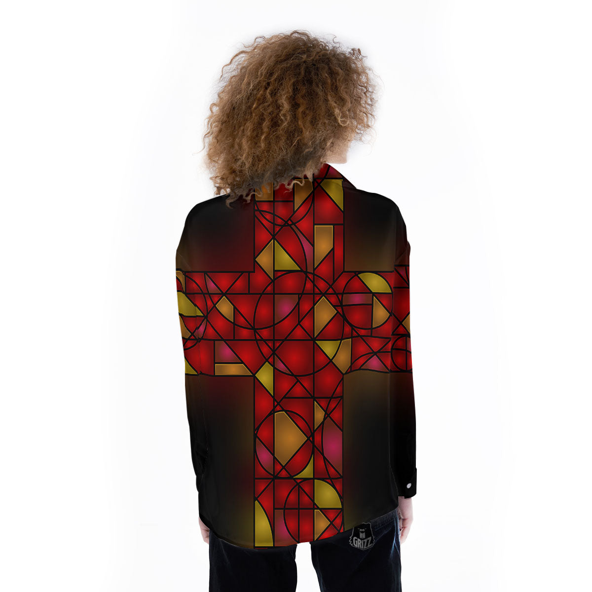Red And Orange Cross Stained Glass Print Women's Long Sleeve Shirts-grizzshop