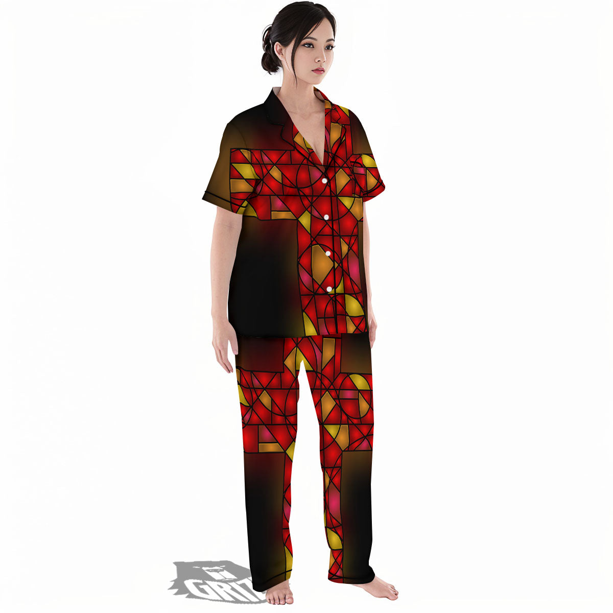 Red And Orange Cross Stained Glass Print Women's Pajamas Set-grizzshop