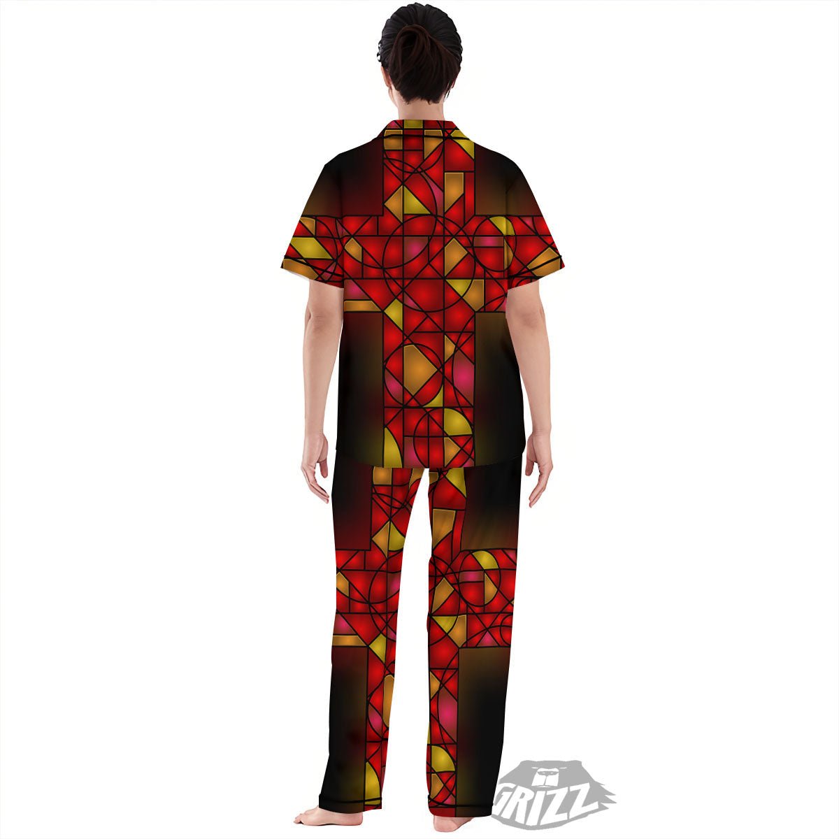 Red And Orange Cross Stained Glass Print Women's Pajamas Set-grizzshop