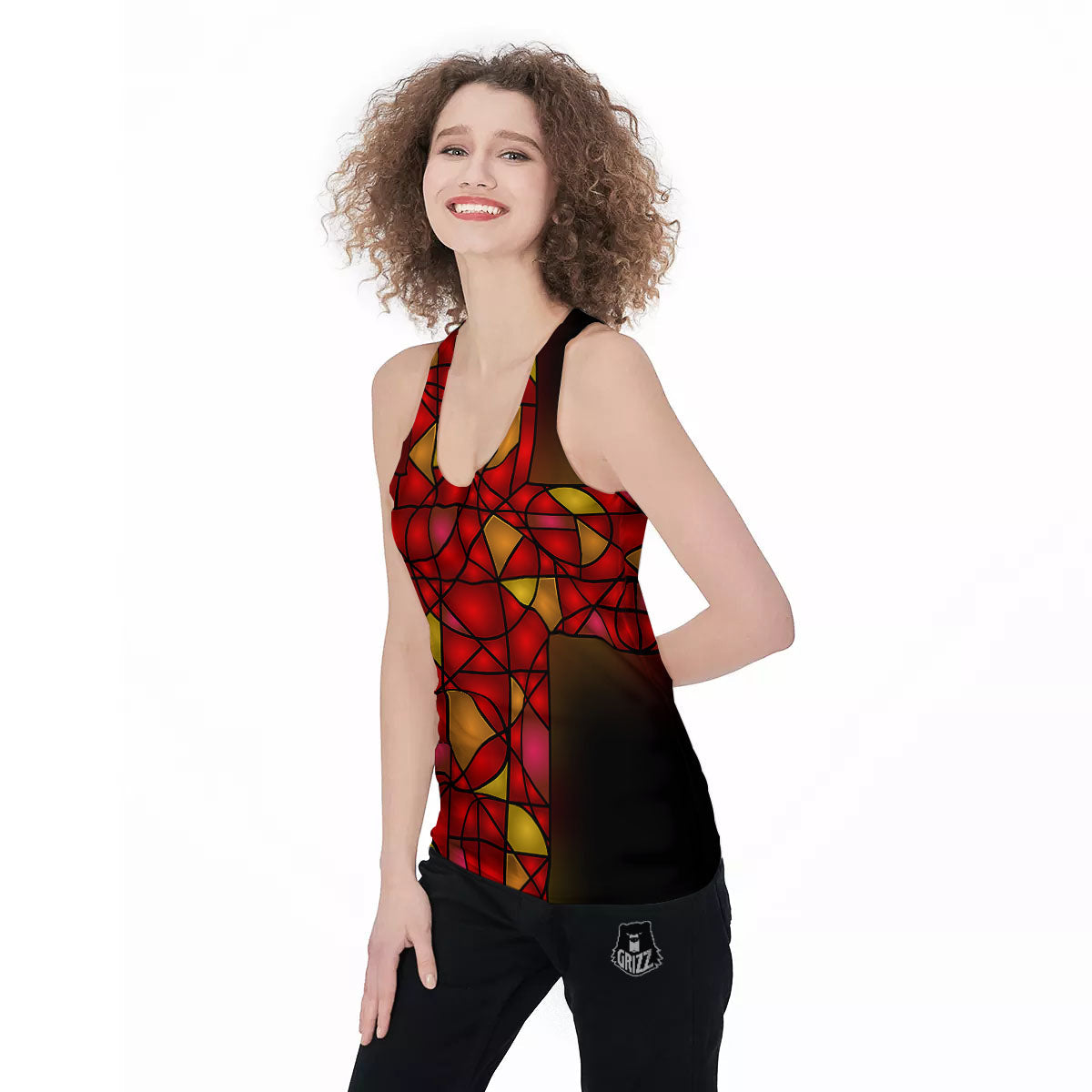 Red And Orange Cross Stained Glass Print Women's Racerback Tank Top-grizzshop