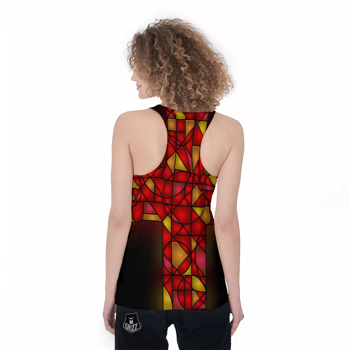 Red And Orange Cross Stained Glass Print Women's Racerback Tank Top-grizzshop