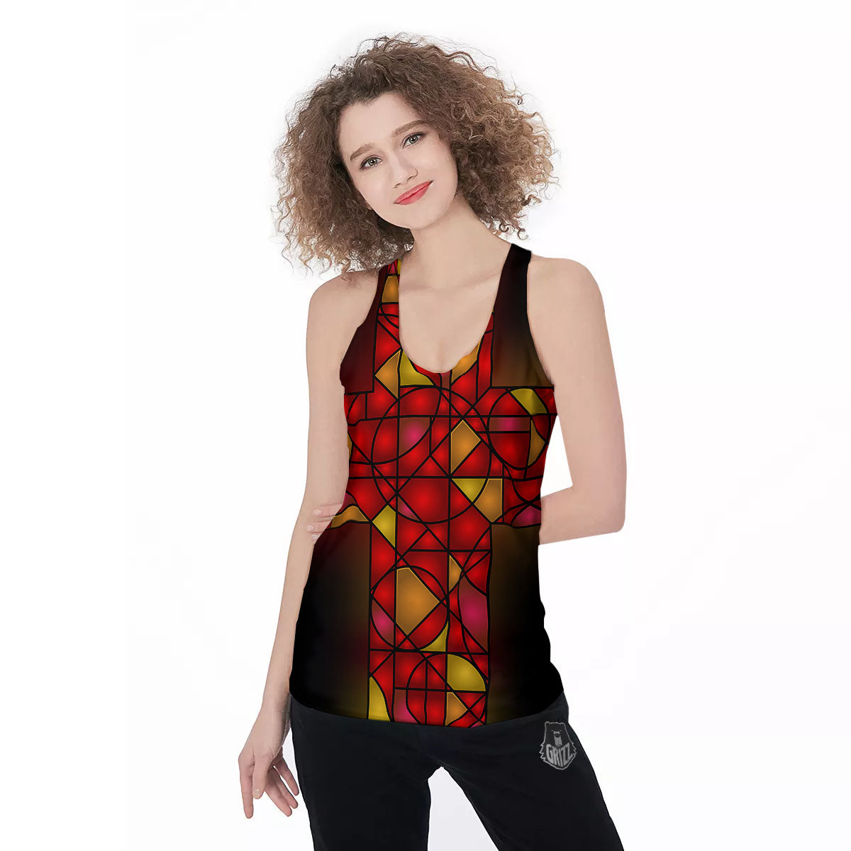 Red And Orange Cross Stained Glass Print Women's Racerback Tank Top-grizzshop