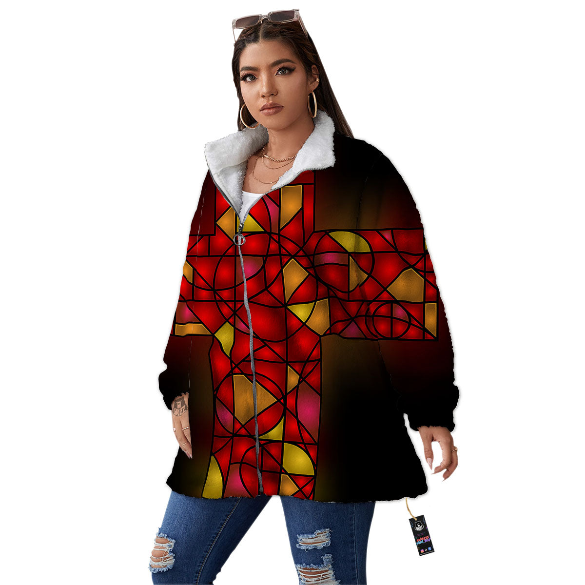 Red And Orange Cross Stained Glass Print Women's Sherpa Jacket-grizzshop