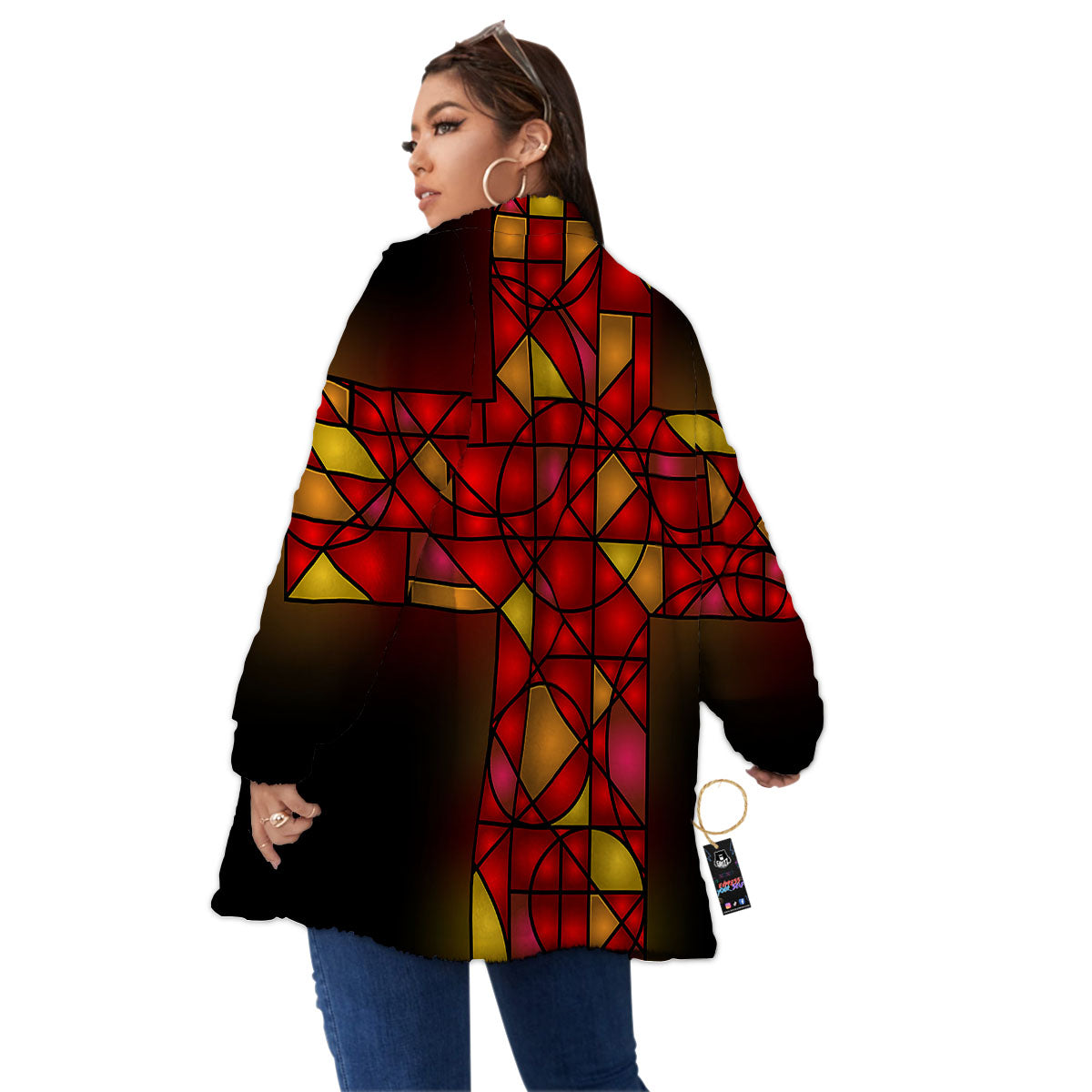 Red And Orange Cross Stained Glass Print Women's Sherpa Jacket-grizzshop