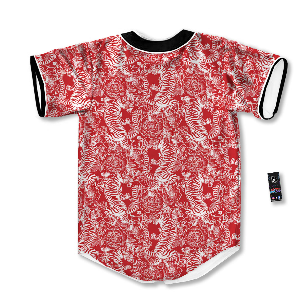 Red And White Chinese Tiger Print Pattern Baseball Jersey-grizzshop