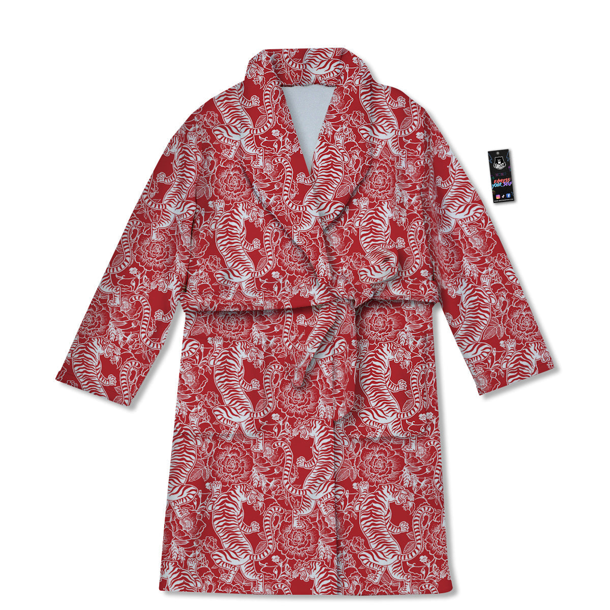 Red And White Chinese Tiger Print Pattern Bathrobe-grizzshop