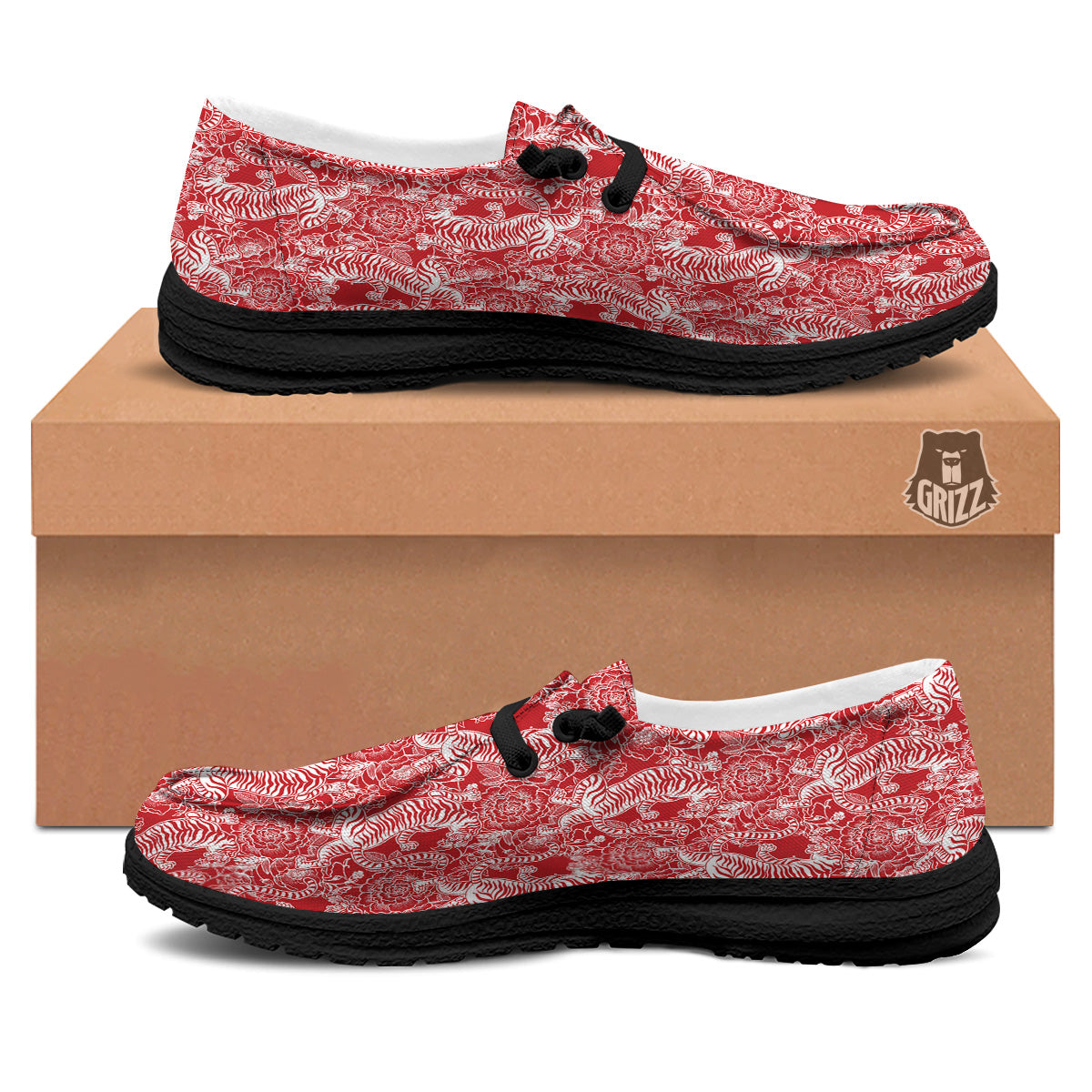 Red And White Chinese Tiger Print Pattern Black Loafers-grizzshop