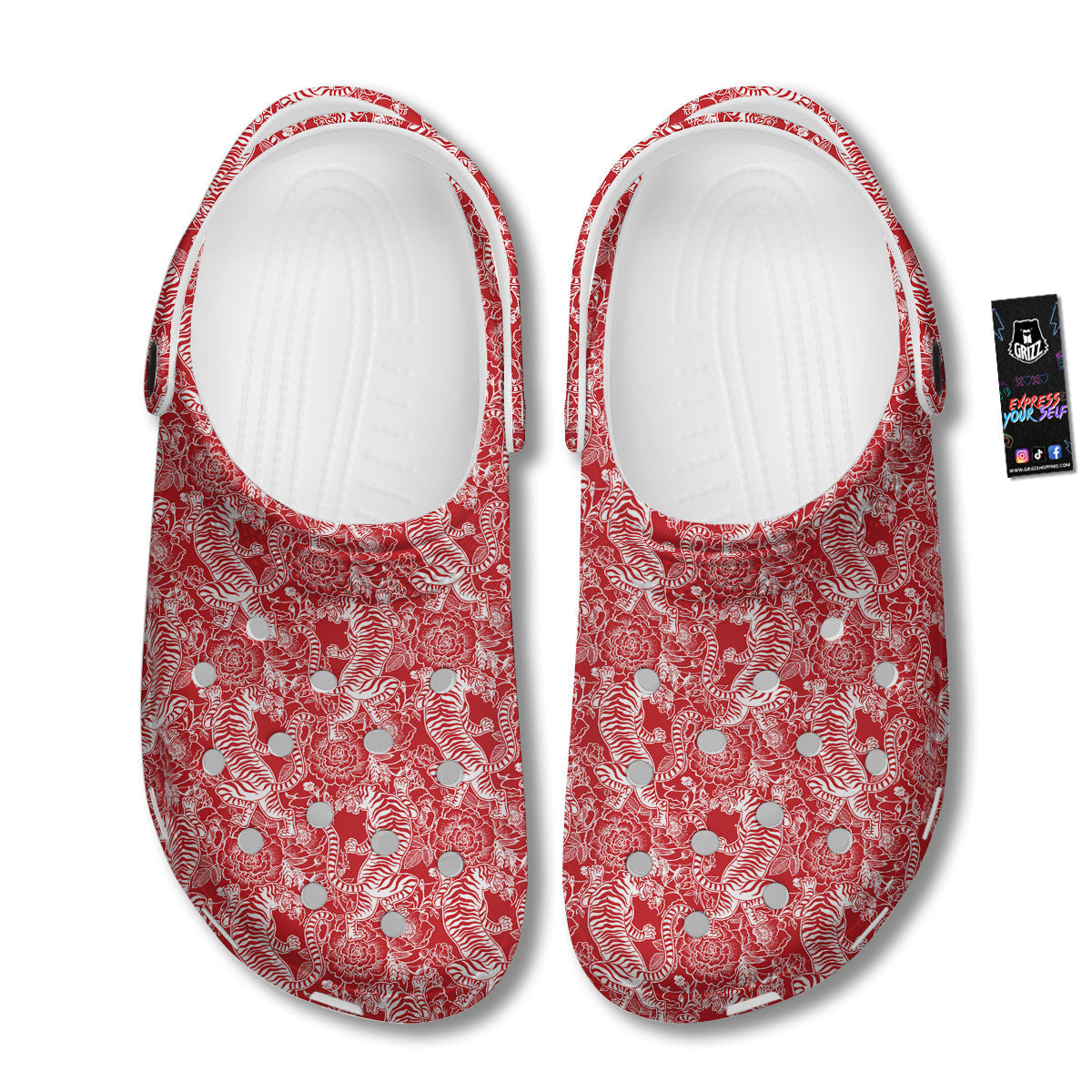 Red And White Chinese Tiger Print Pattern Clog-grizzshop