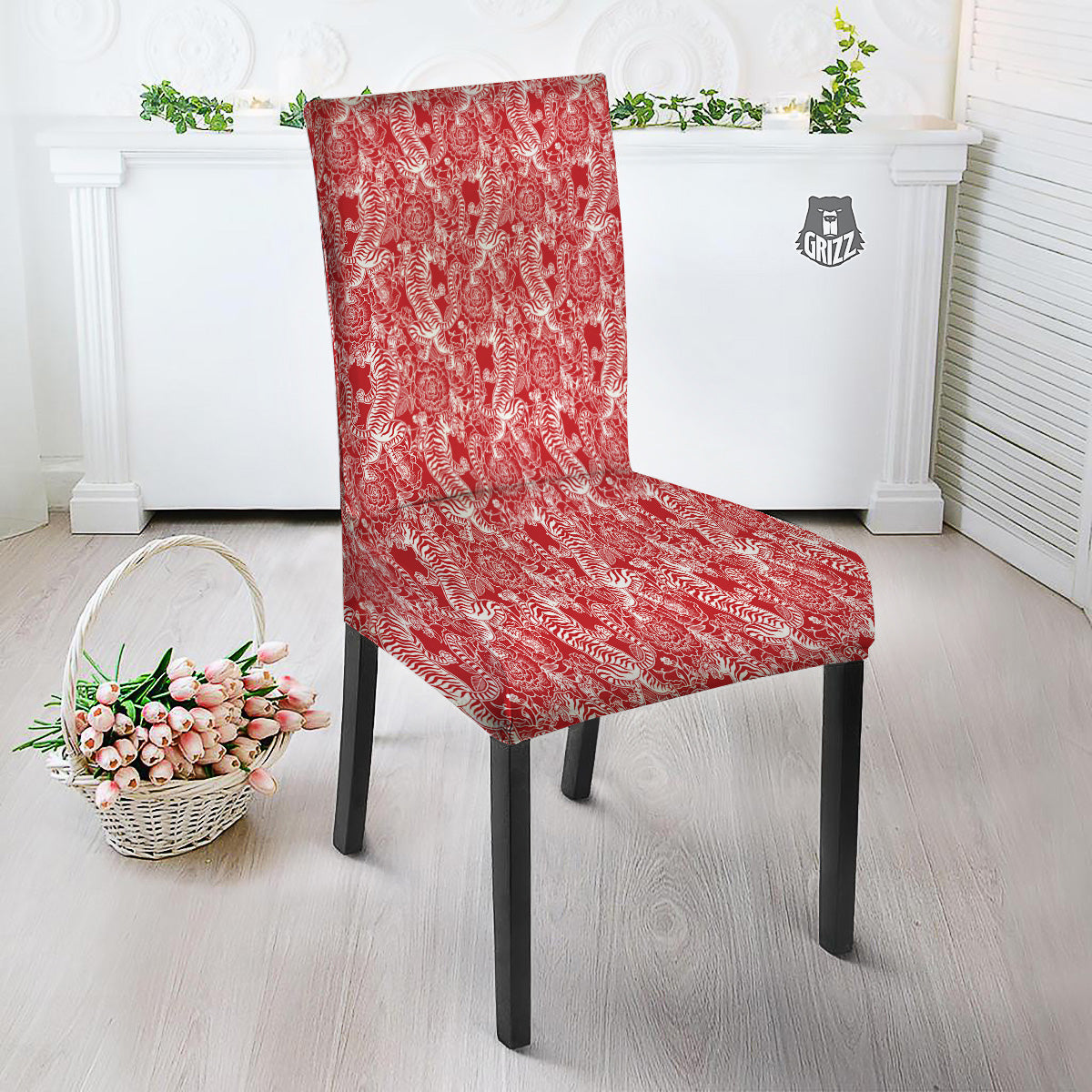 Red And White Chinese Tiger Print Pattern Dining Chair Slipcover-grizzshop