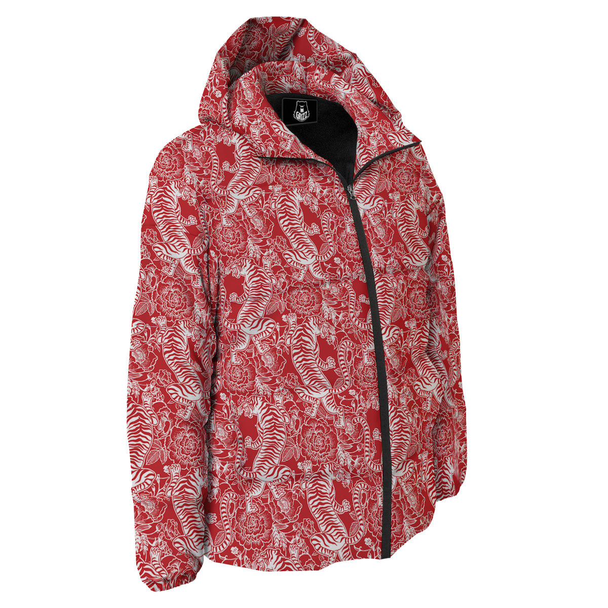 Red And White Chinese Tiger Print Pattern Down Jacket-grizzshop