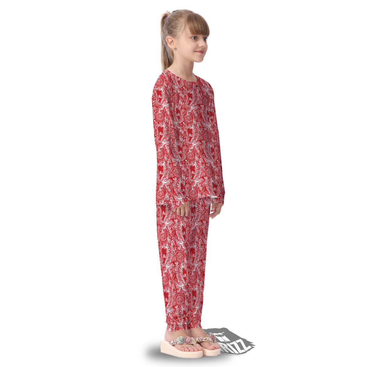 Red And White Chinese Tiger Print Pattern Kid's Pajamas-grizzshop