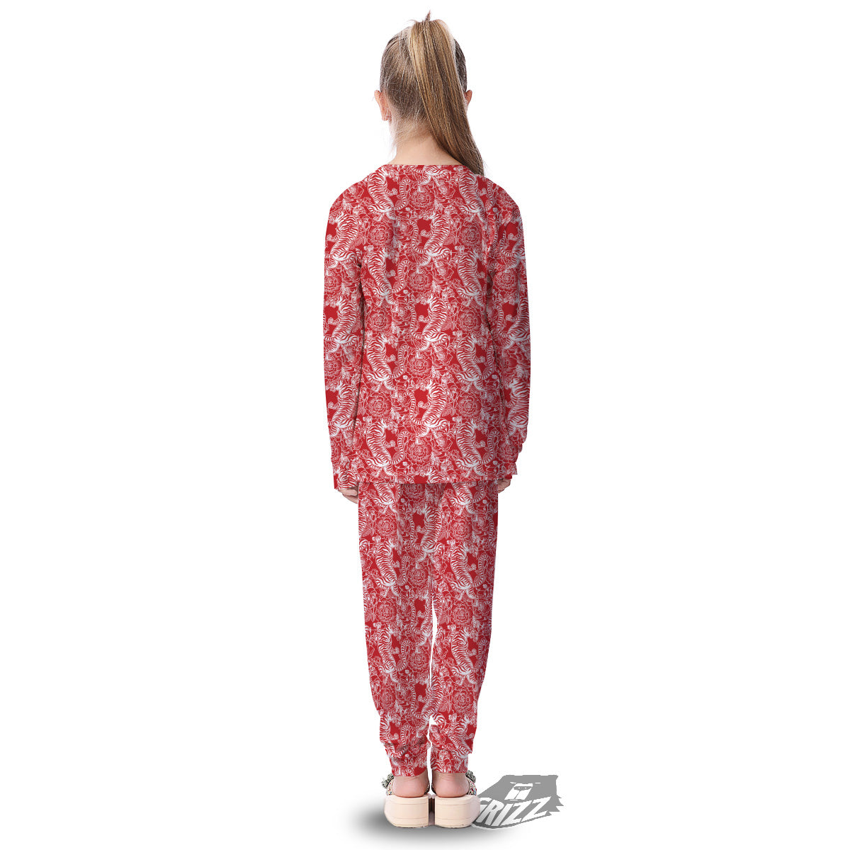 Red And White Chinese Tiger Print Pattern Kid's Pajamas-grizzshop