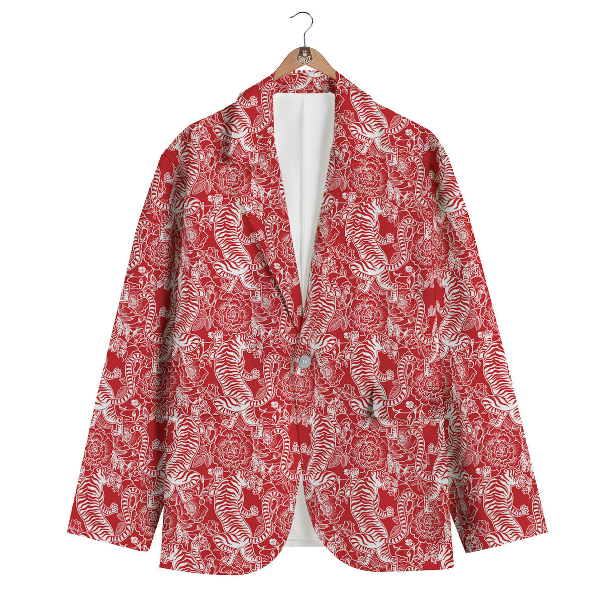 Red And White Chinese Tiger Print Pattern Men's Blazer-grizzshop