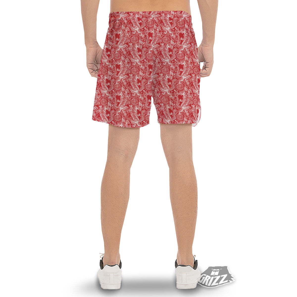 Red And White Chinese Tiger Print Pattern Men's Gym Shorts-grizzshop