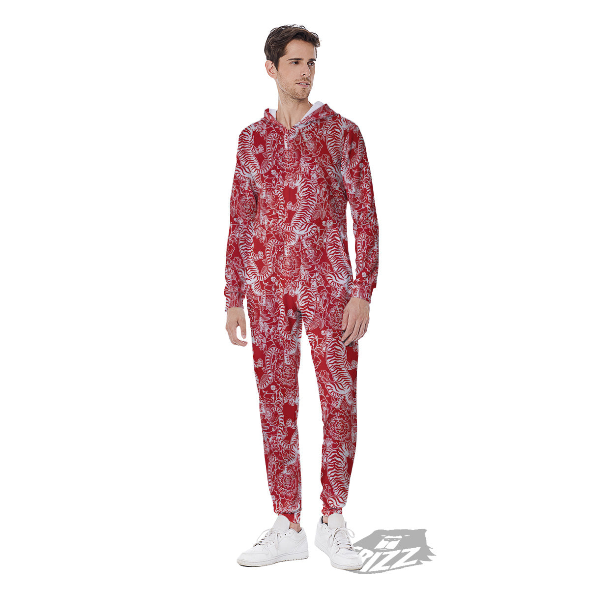 Red And White Chinese Tiger Print Pattern Men's Jumpsuit-grizzshop